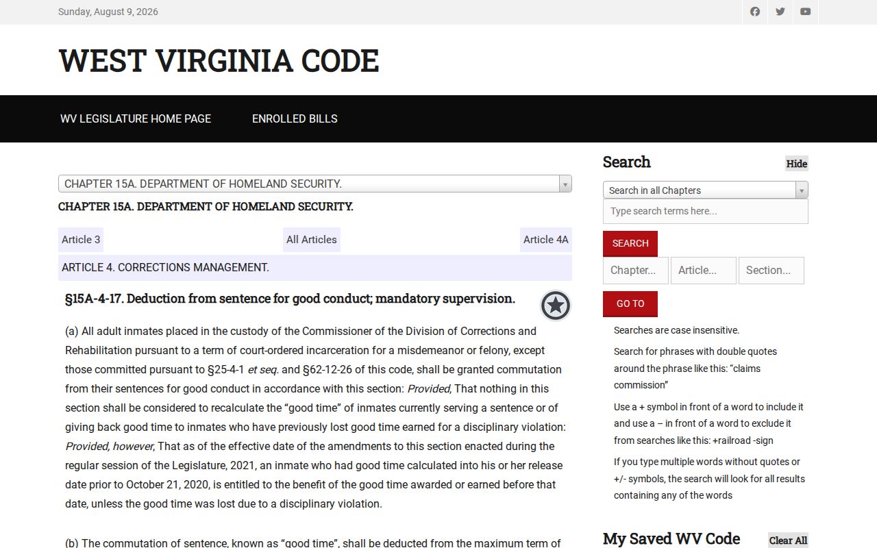 West Virginia good-time law for Marion County projected release dates